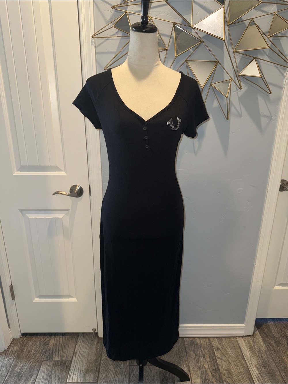 True Religion Black Henley Ribbed V‑Neck Midi Dress with Logo Accent